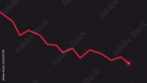 Animation of a glowing red line showing downtrend in stock market. Concept of economic stagnation, recession or financial crisis.
