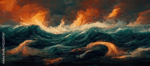 Dramatic stormy seascape, turbulent surreal fiery ocean waves - apocalyptic hurricane surf. Gloomy overcast and dark color theme, digital painting.