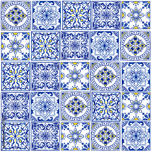 Hand drawn watercolor seamless pattern with blue white azulejo Portuguese ceramic traditional tiles. Ethnic portugal geomentric indigo repeated wall floor ornament. Arabic ornamental background. photo