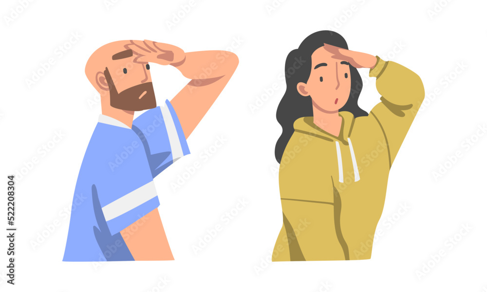 Looking Into Future Man and Woman Character with Hand on Forehead Vector Set Looking Into Future Man and Woman Character with Hand on Forehead Vector Set