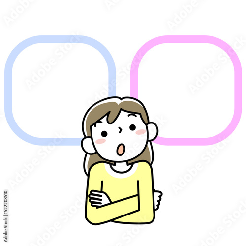 腕組みをして考える若い女性の上半身とフキダシ