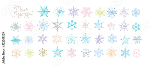 Collection of hand drawn doodle snowflakes in light pastel colors. Vector doodle sketch illustration.