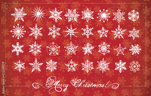 Collection of hand drawn doodle snowflakes on red background. Vector doodle sketch illustration.
