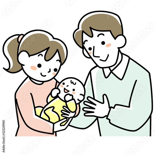 赤ちゃんを抱く若い母親と見守る若い父親の上半身