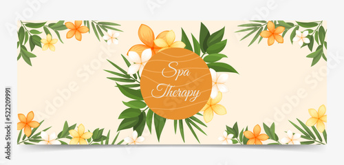 Spa therapy twitch banner template. Design horizontal cover with exotic flowers, bamboo leaves post social media. Spa therapy, health, natural, relax, beauty care cover vector illustration