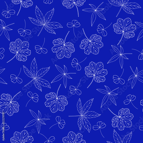 Hand-drawn seamless pattern with white leaves and twigs. Background for fabric, templates, wallpaper, cards.