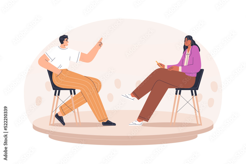 Interview, dialog, conversation with celebrity guest in chair in TV studio. Person talking, speaking to journalist, interviewer, television host. Flat vector illustration isolated on white background