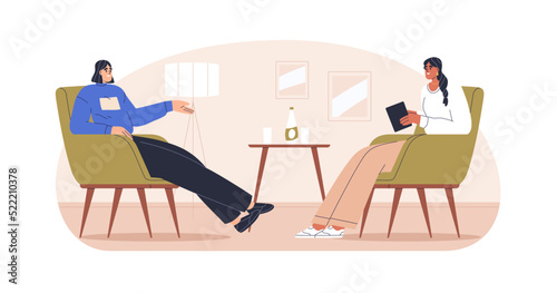 Guest talking to host at interview. Conversation, dialog of celebrity and journalist interviewer, sitting in armchair in cozy interior studio. Flat vector illustration isolated on white background