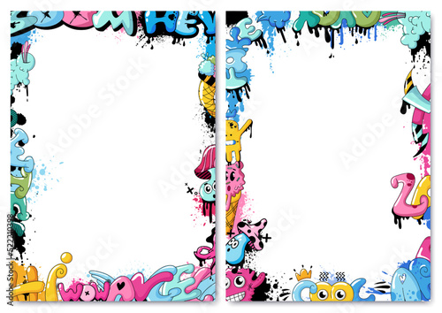 Colorful cute graffiti frame, poster or poster layout, art covers. Graphic set of street art with tags and graffiti with effect. A collection of street art background images. Urban graffiti banners.