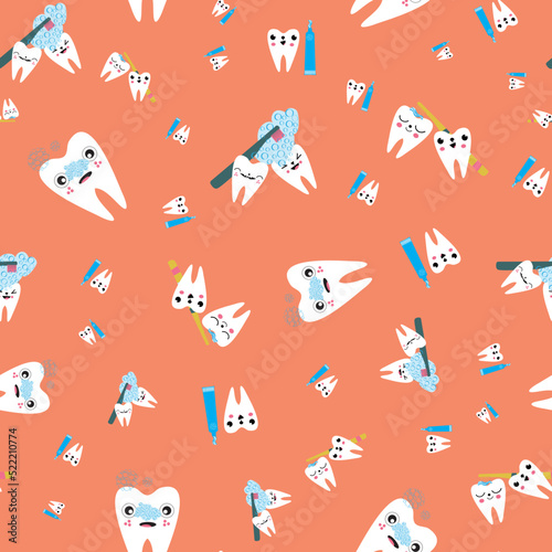 Kawaii tooth kids dental care vector educational seamless pattern background. Cute cartoon characters with toothbrush, tooth paste, brushing teeth. Fun children oral health gender neutral repeat.