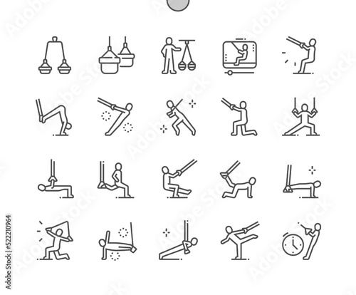 Fitness trx exercises. Workout. People doing exercise with suspension training. Healthy lifestyle. Trx plank. Pixel Perfect Vector Thin Line Icons. Simple Minimal Pictogram