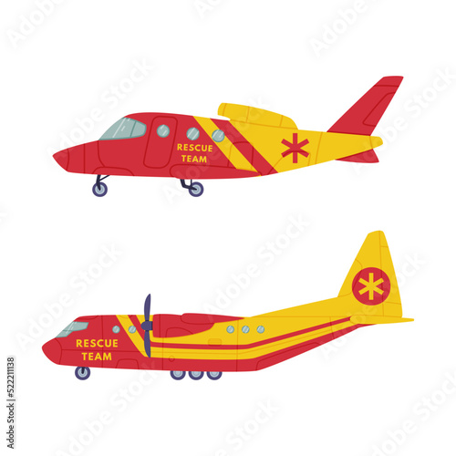 Red and Yellow Aircraft as Rescue Equipment and Emergency Vehicle for Urgent Saving of Life Vector Set