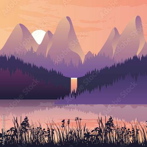 Beautiful landscape with forest, mountains, and sunset in vector format. Trendy illustration for postcards, wallpaper, banners. Panorama view of wild nature. Hand drawn enviroment. © Erik