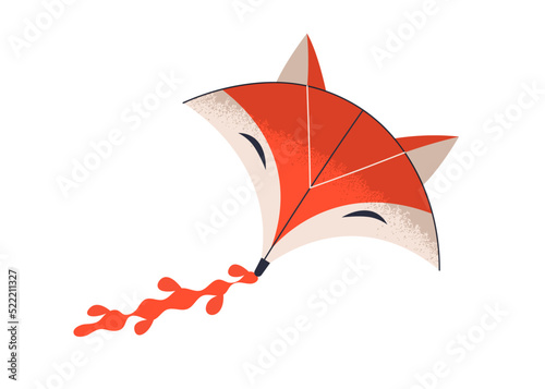 Wind air kite of cute fox animal shape. Kids flying floating paper toy design. Entertainment object with chord tail. Flat vector illustration isolated on white background