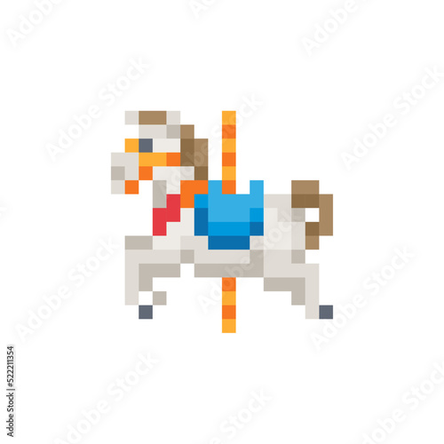 Сarousel horse pixel art icon. Merry go round horse, French carousel, Retro carousel, Parks, Funfair carnival. Isolated vector flat illustration. Design for logo, sticker and app.