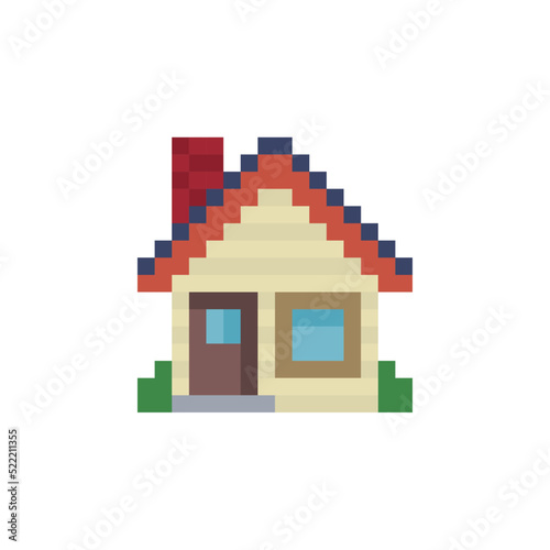 Home icon. House sticker. Pixel art style design for logo, web, mobile app, badges and patches. Video game sprite. 8-bit. Isolated vector illustration.  