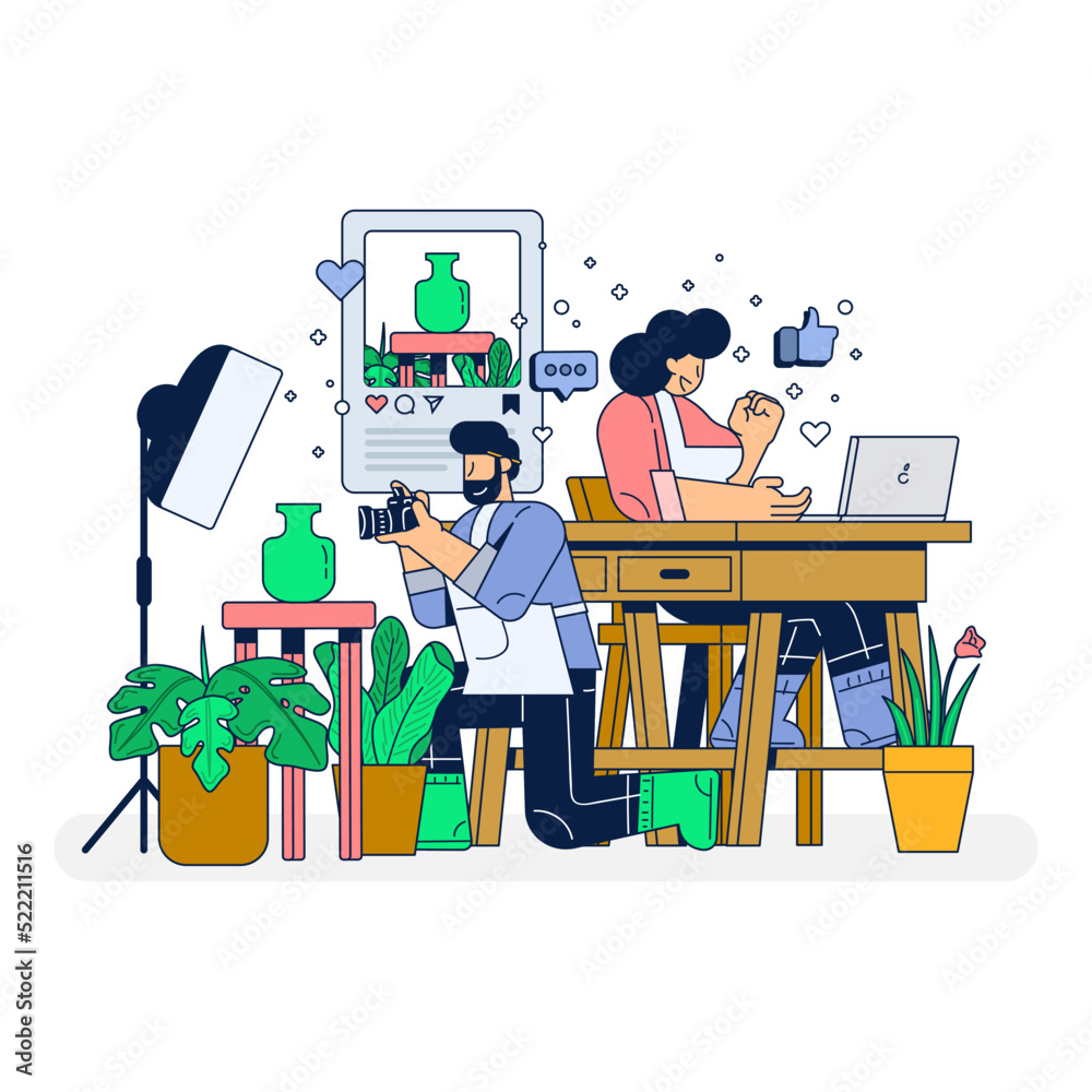 Fototapeta premium Woman Managing Vase and Plant Online Shop and Man Taking Picture of Their Store Products