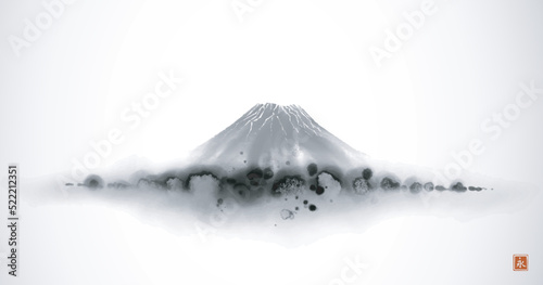 Fujiyma mountain over the misty forest hills. Traditional oriental ink painting sumi-e, u-sin, go-hua. Translation of hieroglyph - eternity