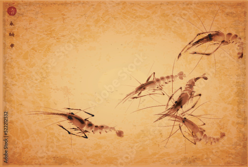 Ink painting of shrimps on vintage background. Traditional oriental ink painting sumi-e, u-sin, go-hua. Hieroglyphs - eternity, freedom, happiness.