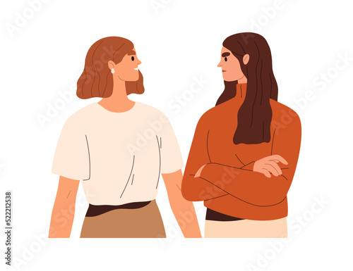 Happy, unhappy girls people in good, bad mood. Women in conflict with different emotions, face expressions. Positive vs negative concept. Flat vector illustration isolated on white background
