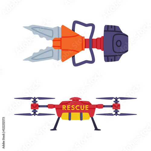 Hydraulic Chopper or Shears and Quadcopter as Rescue Equipment for Urgent Saving of Life Vector Set