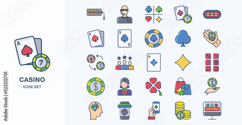 Casino and gambling linear coloured icon set