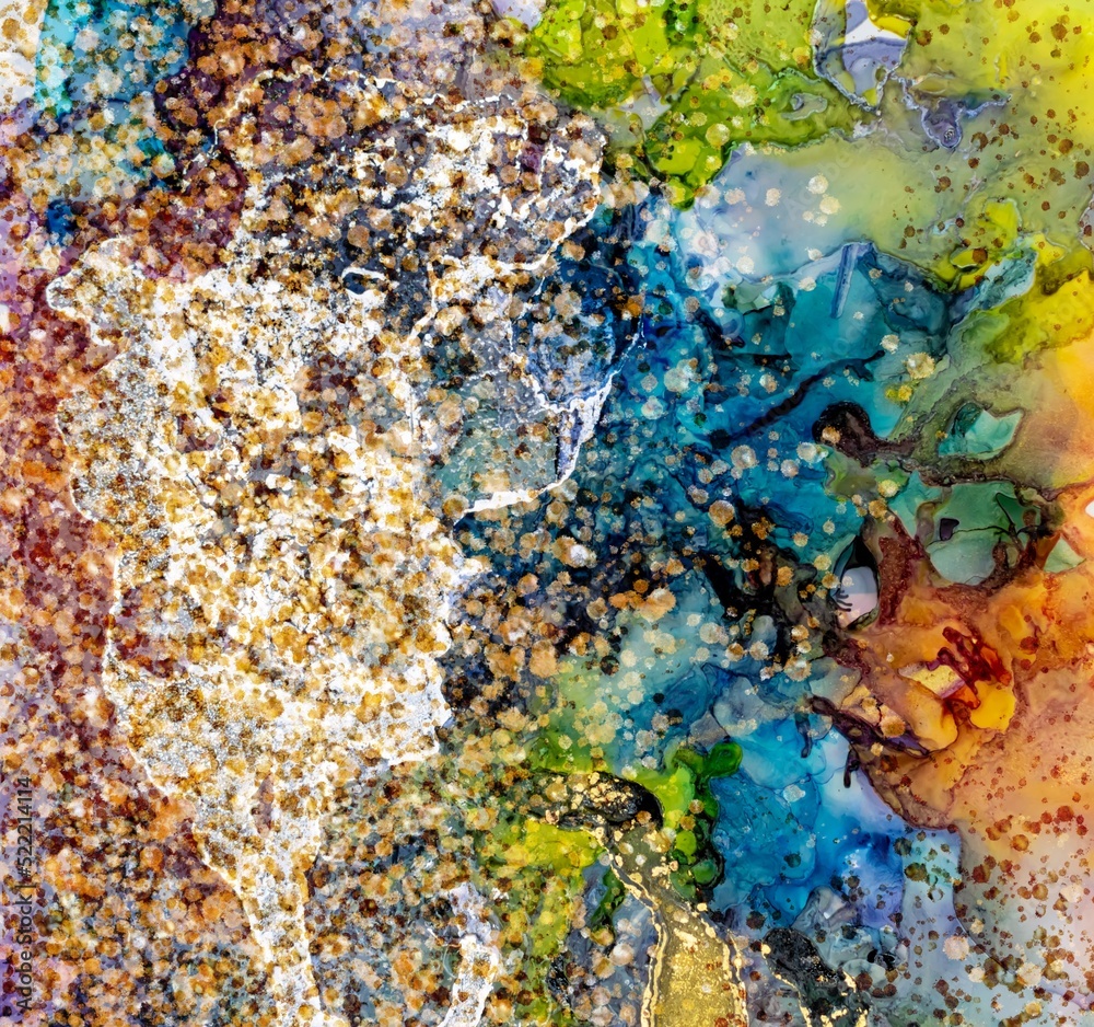 Golden dust and drops of various size on Alcohol ink fluid abstract texture fluid art with gold glitter. Golden dust and drops of various size on Alcohol ink fluid abstract texture fluid art with gold glitter.