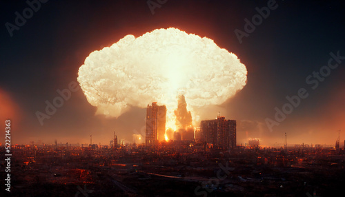 Nuclear bomb dropped on big city, atomic bomb explosion in a city, nuke attack on crowded city 3d rendering