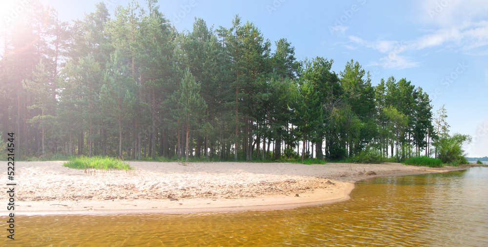 A small cozy sandy beach on the Gorodomlya island on Lake Seliger. Ostashkov, Tver region, Russia - obrazy, fototapety, plakaty 