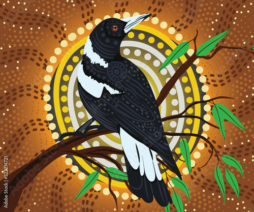 Magpie on tree aboriginal vector artwork