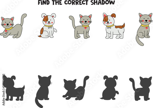 Find the correct shadows of cute cats and dogs. Logical puzzle for kids.