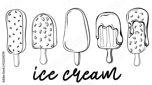 Collection of outline ice cream with chocolate syrup isolated on white background. Sweet dessert. Contour drawing vector illustration