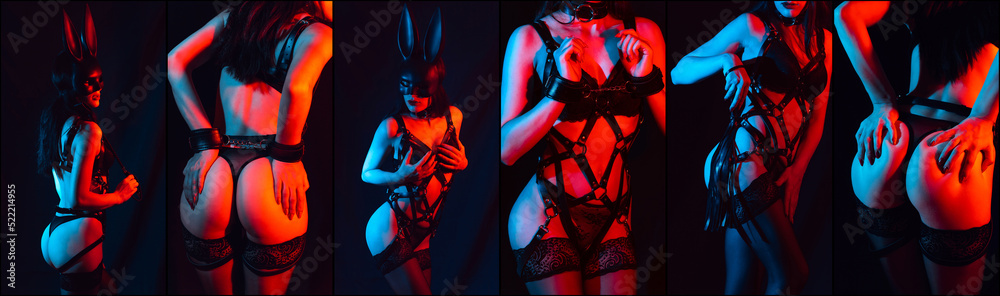 girl with a sexy body in leather belt and BDSM mask in handcuffs with whip flogger. Sexual concept collage of submission and domination - obrazy, fototapety, plakaty 