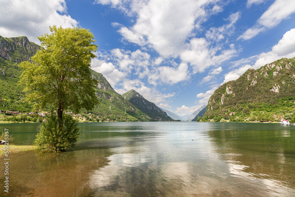 Transparent calm waters of an alpine lake Idro (Lago d'Idro) reflect the sky surrounded by mountainous rocky wooded massifs and single young tree on a shallow near the shore. Brescia, Lombardy, Italy