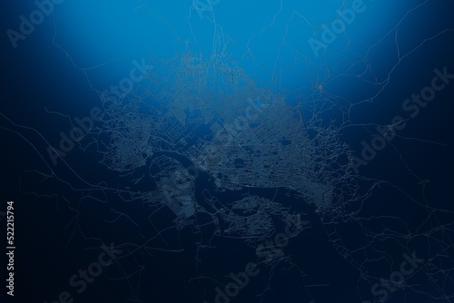 Street map of N'Djamena (Chad) engraved on blue metal background. View with light coming from top. 3d render, illustration photo