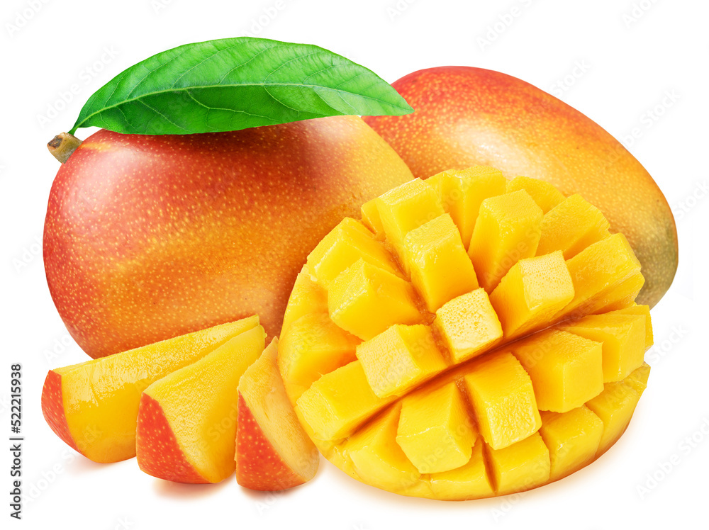 Mango fruits with green leaf and mango cut in hedgehog style isolated on white background. Mango fruits with green leaf and mango cut in hedgehog style isolated on white background.