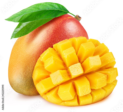 Mango fruits with green leaves and mango cut in hedgehog style. File contains clipping path.