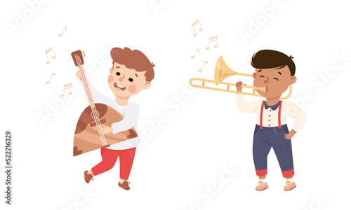 Set of adorable kids playing musical instruments. Cute boys playing balalaika and trombone instruments cartoon vector illustratio