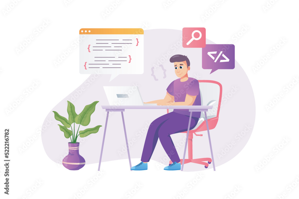 Programmer working concept in flat style with people scene. Happy man coding and programming at laptop sitting desk at home office. Developer doing tasks online. Vector illustration for web design