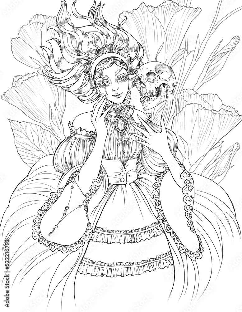 Dark fantasy anime girl. Adult coloring book pages. Stock Illustration