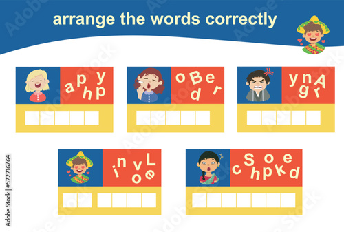 Arrange the words correctly. Worksheet for preschool. Writing practice. Vector file.