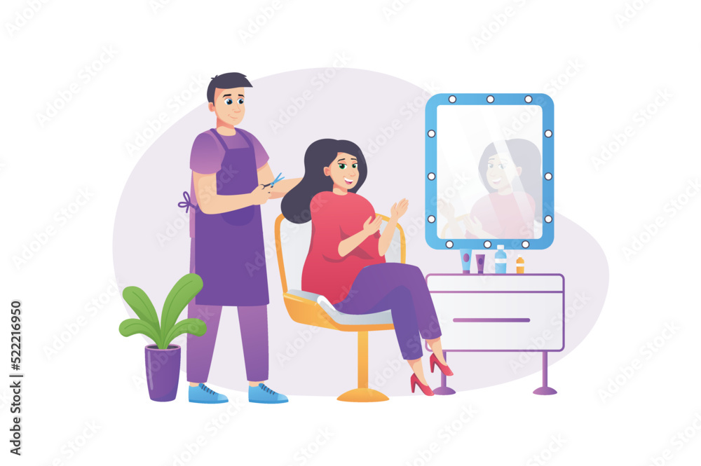 Beauty salon concept in flat style with people scene. Hairdresser does haircut and styling to client sitting in chair in front of mirror. Woman getting hair care. Vector illustration for web design