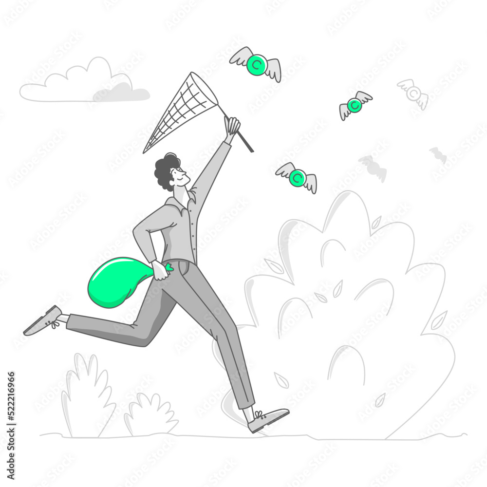 man with a net catches coins man with a net catches coins