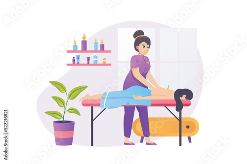 Spa salon concept in flat style with people scene. Masseuse makes back massage to client. Woman lying on couch receiving body treatment and candlelight aromatherapy. Vector illustration for web design