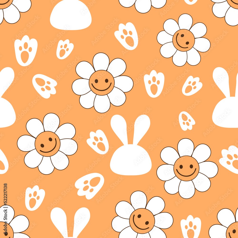 Seamless pattern with daisy flower, rabbit cartoons and paw prints on orange background vector Seamless pattern with daisy flower, rabbit cartoons and paw prints on orange background vector