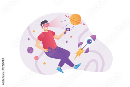 Virtual reality concept in flat style with people scene. Happy man in VR glasses and controllers playing and exploring cosmos with rocket and planets in simulation. Vector illustration for web design
