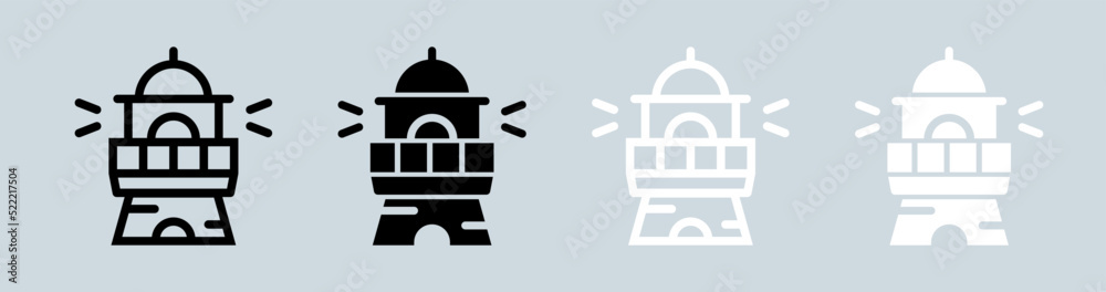 Lighthouse icon set in black and white colors. Beacon light signs vector illustration. Lighthouse icon set in black and white colors. Beacon light signs vector illustration.