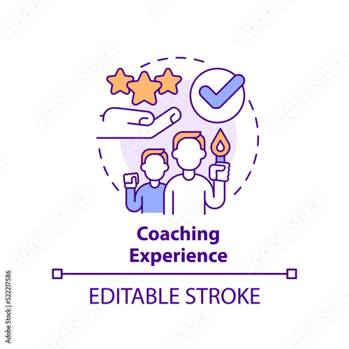 Coaching experience concept icon. Business coach platform promotion abstract idea thin line illustration. Mentor goals. Isolated outline drawing. Editable stroke. Arial, Myriad Pro-Bold fonts used