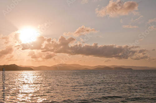 Sunset scene of peaceful serene mountain island in the Pacific Ocean of Hamilton Island in Queensland Australia