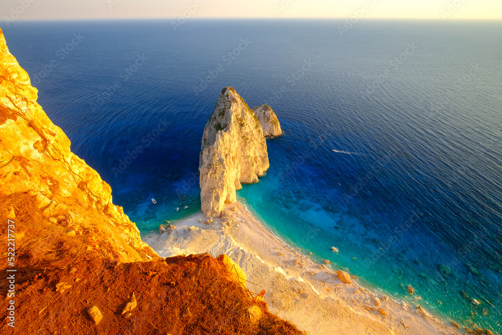 Obraz na płótnie Beautiful view of Mizithres(Myzithres) rocks at Ionian sea on Zakynthos island, cozy beach, near Keri lighthouse , west coast of Zakynthos at sunset w salonie
